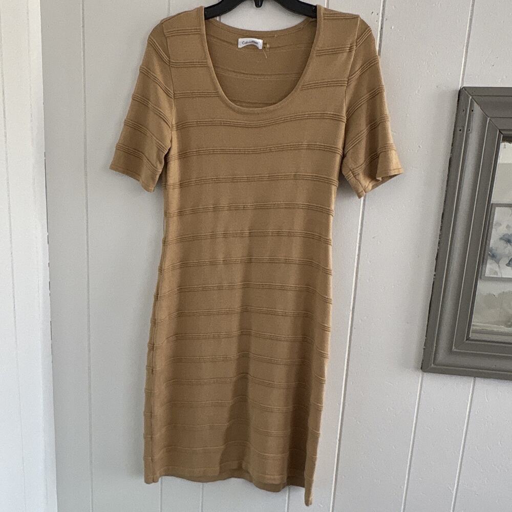 Calvin Klein Tan Ribbed Knit Scoop Neck Short Sleeve Sheath Dress Knee M - Picture 2 of 4